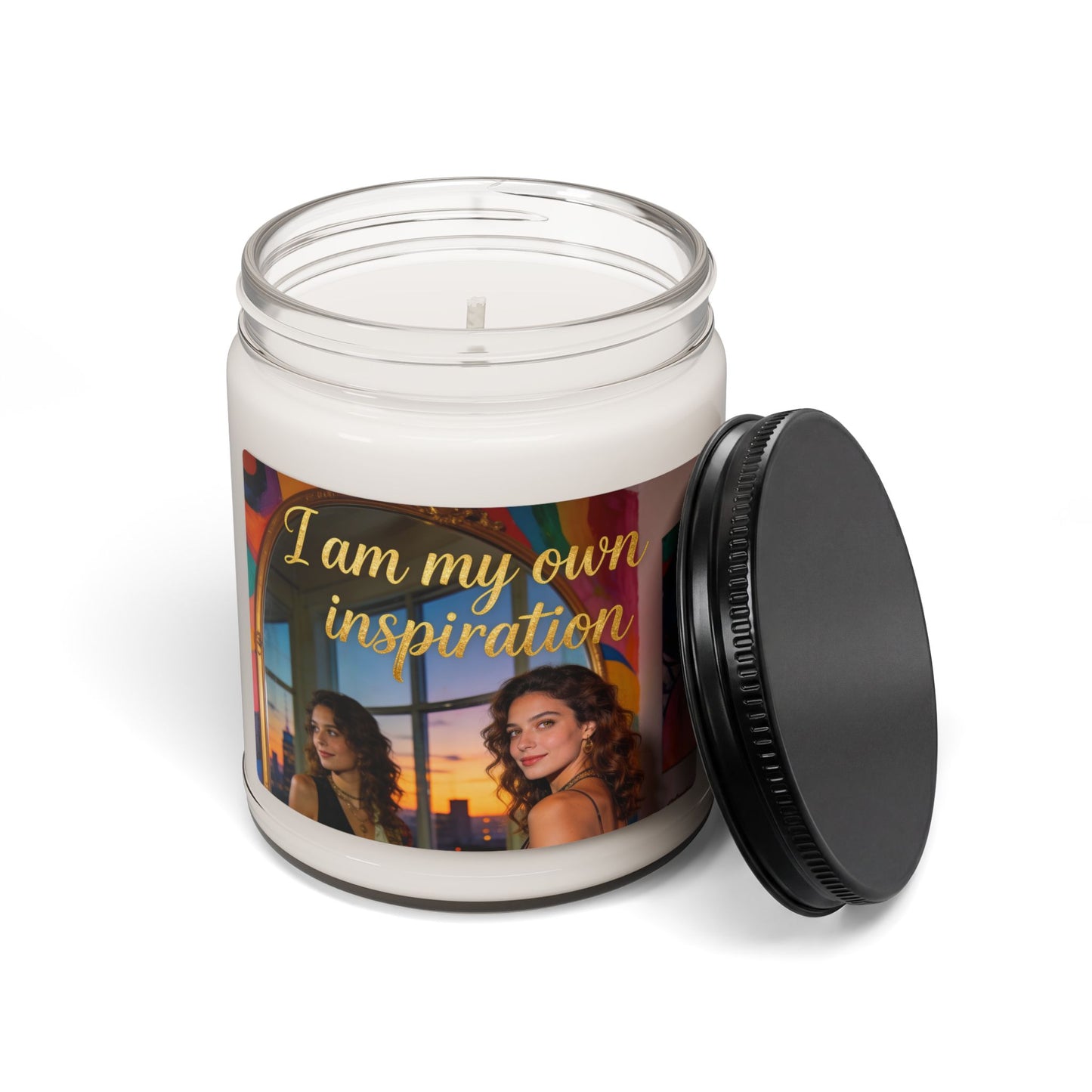 Soy candle jar with printed label and black lid open to the side, unlit