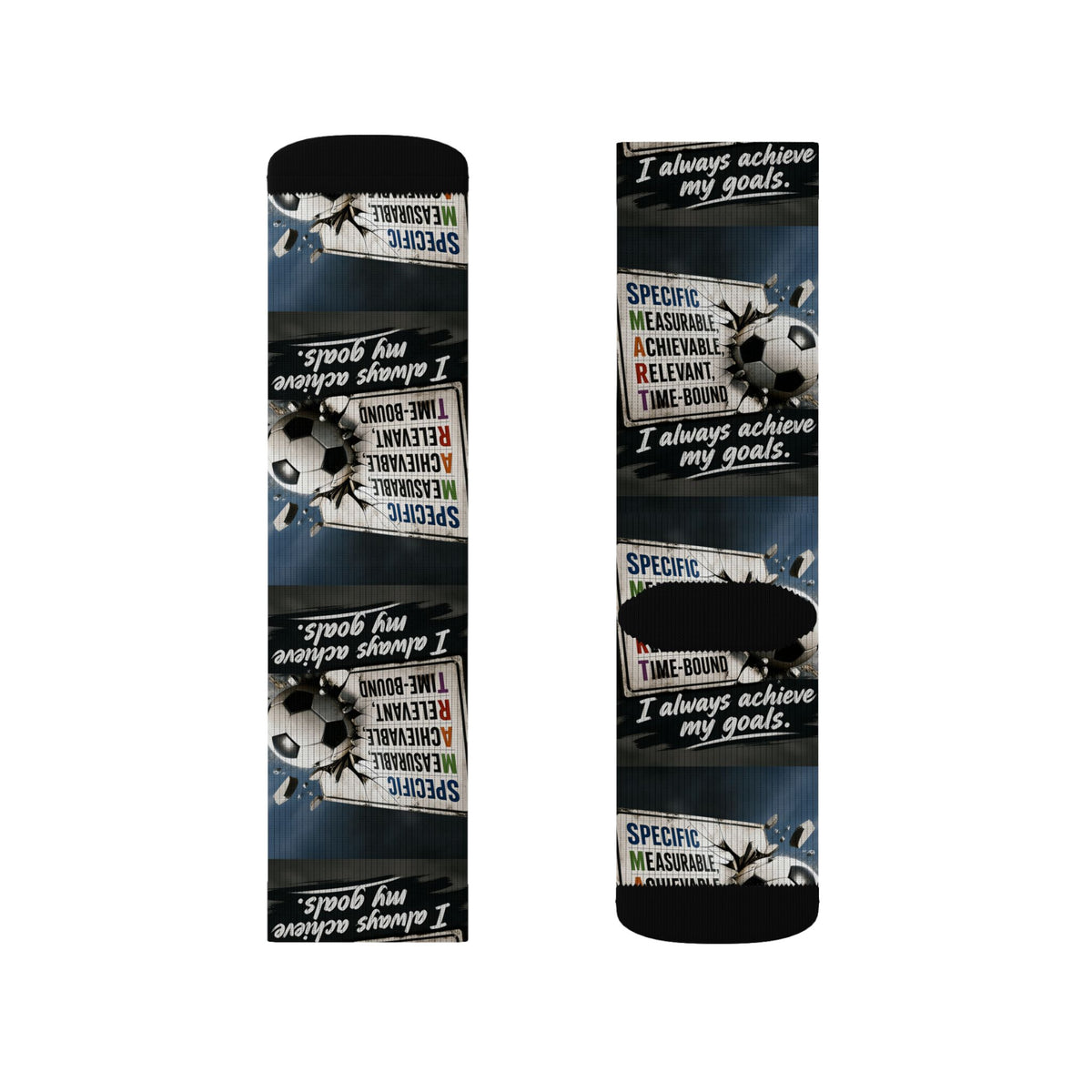 Crew socks featuring a soccer ball, "SMART goals" text, and "I always achieve my goals" on a blue and black background.