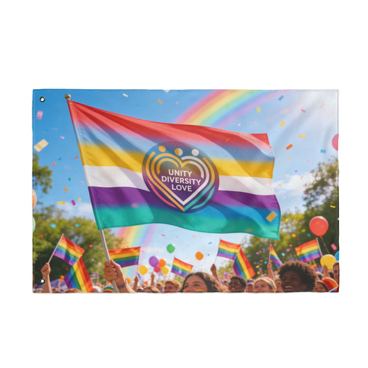 Double-sided pride flag showing Unity Diversity Love heart logo over rainbow stripes