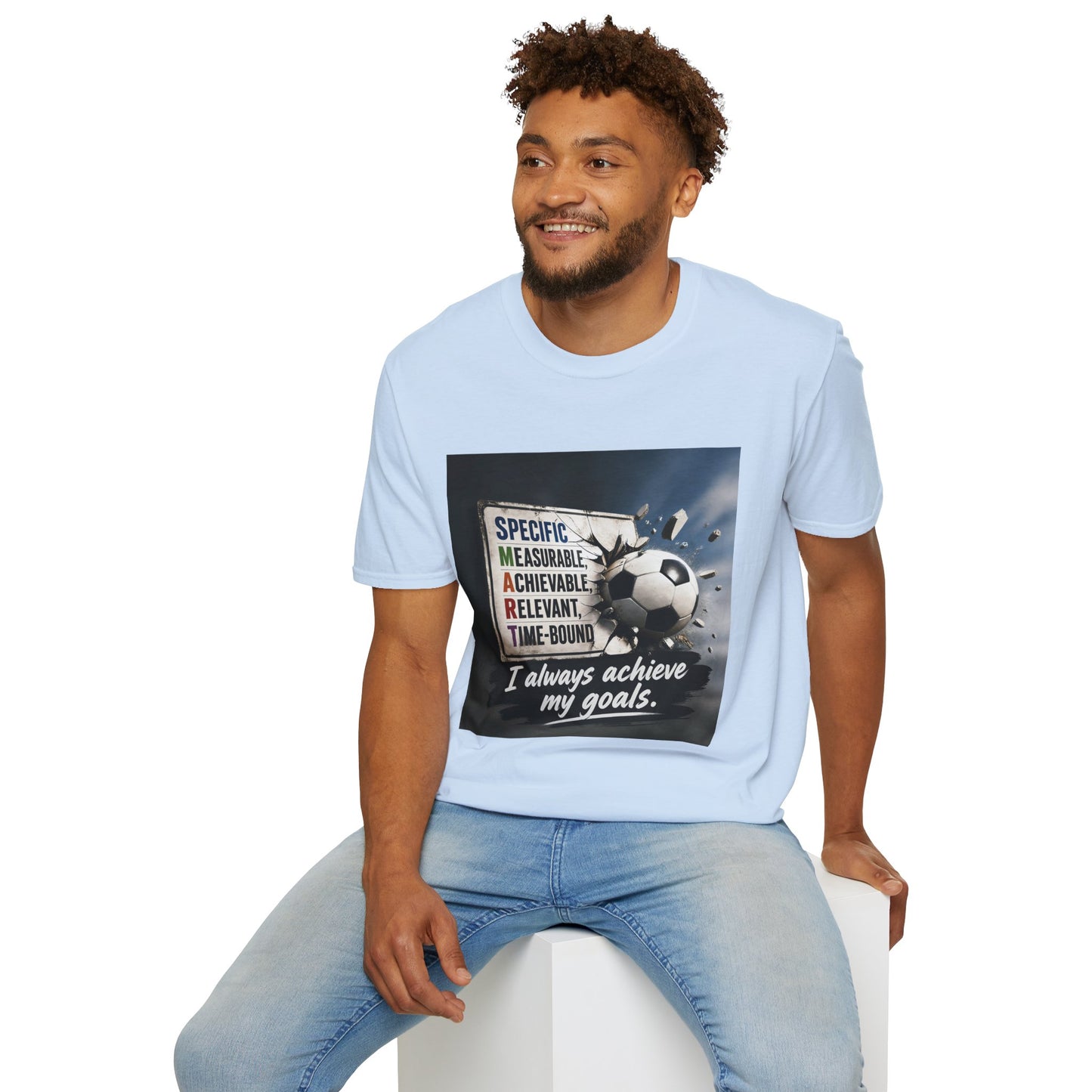 Unisex T-shirt, light blue, crew neck; front soccer graphic reading “I always achieve my goals”.