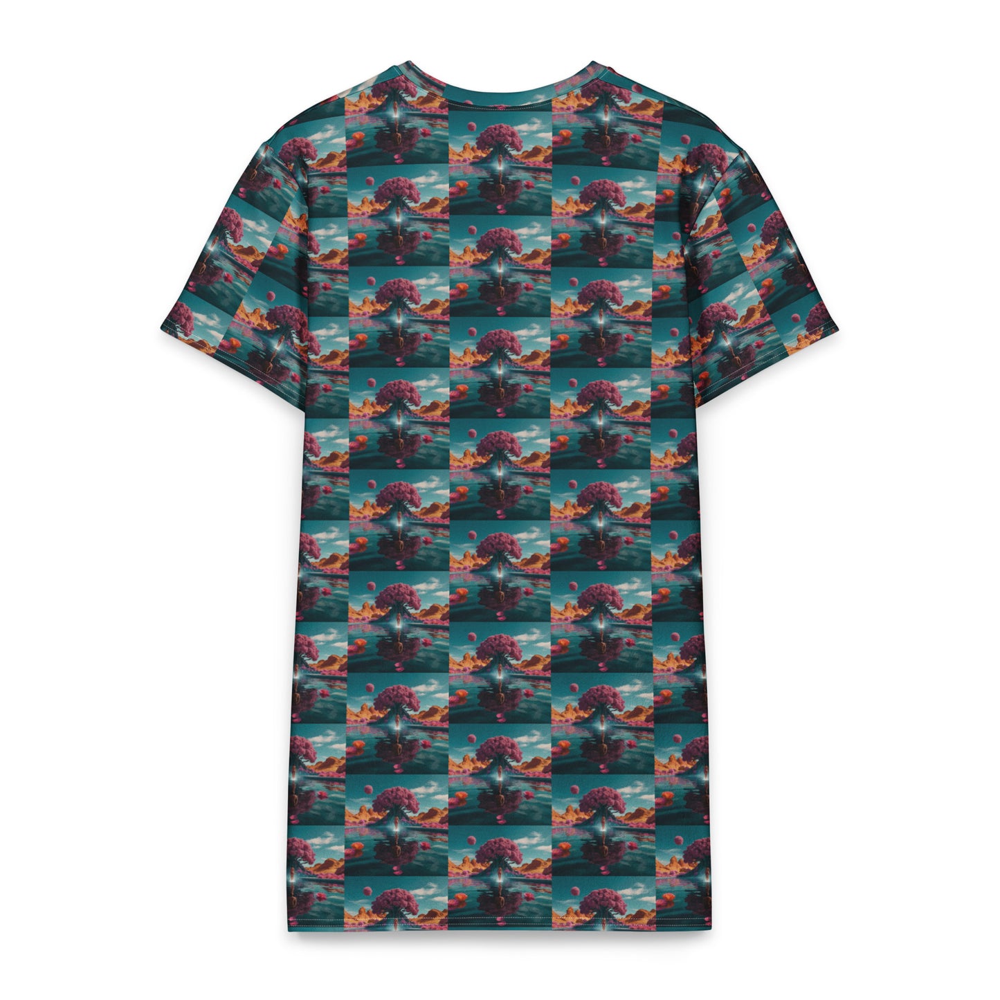 Cotton t-shirt dress with teal grid pattern and red animal silhouettes, crew neck