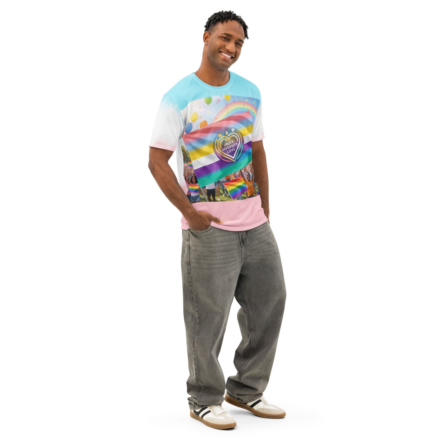 Men's tie-dye t-shirt on model with rainbow flag graphic and Unity Diversity Love emblem