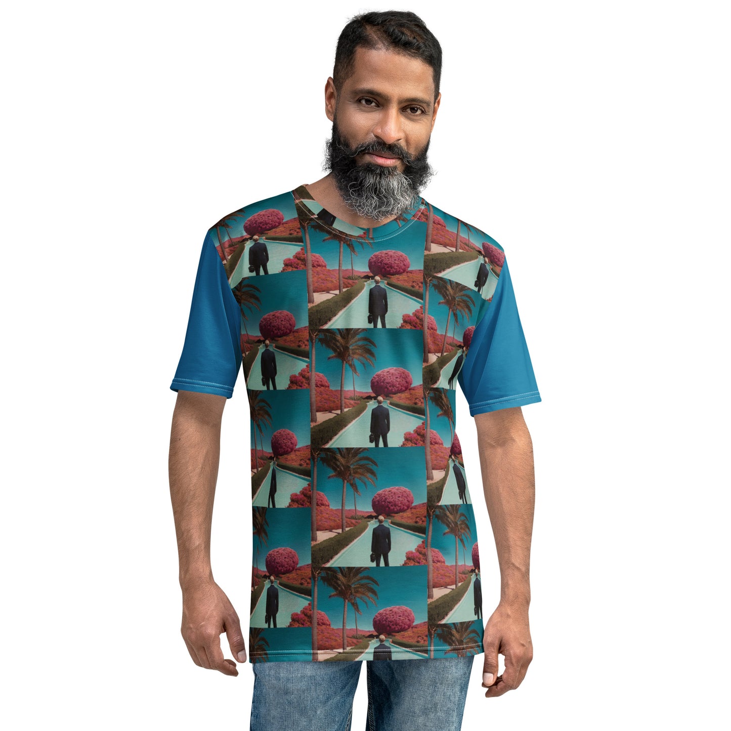 Men's graphic T-shirt front view teal with red palm tree and silhouette square print