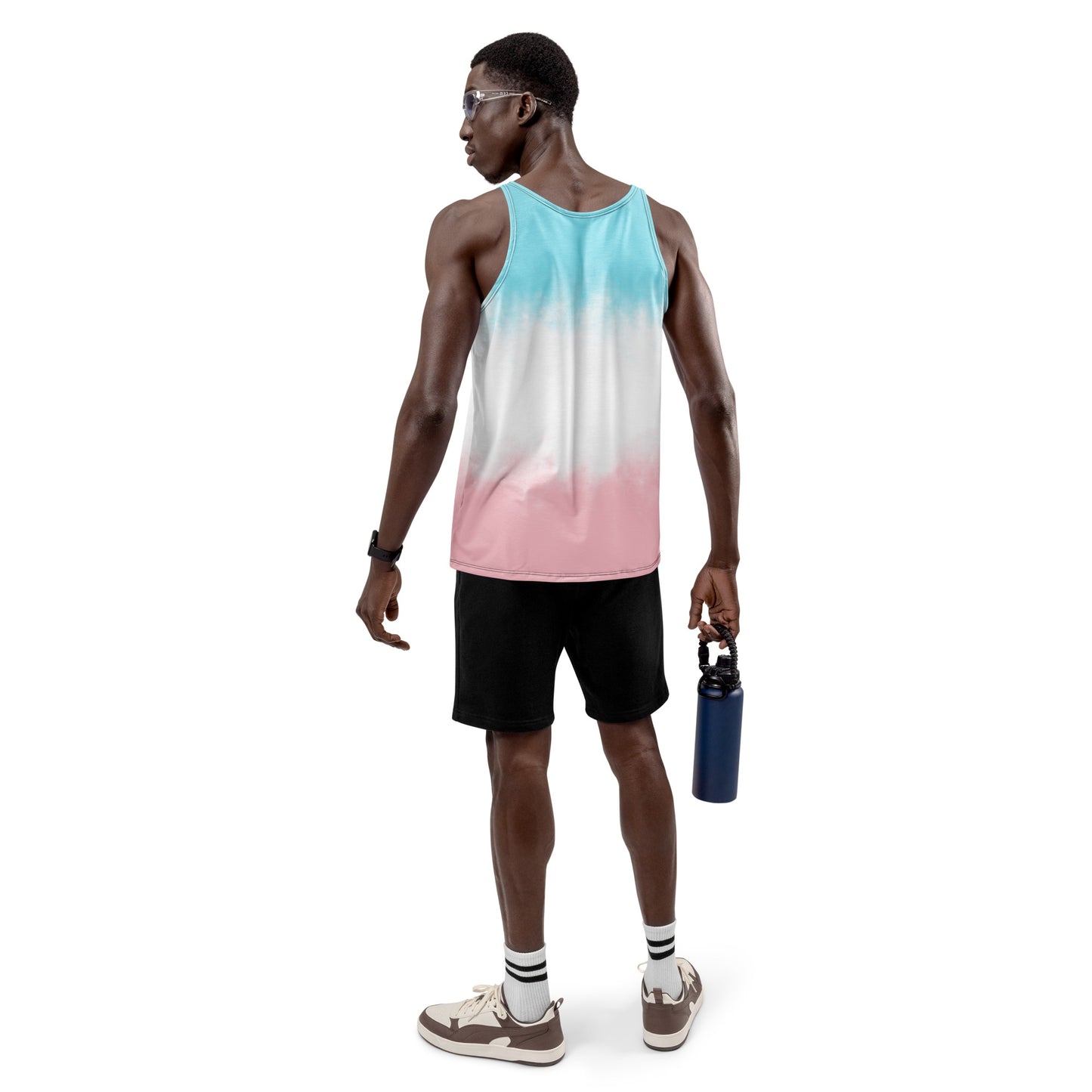 Unisex tank top back view with aqua-to-white-to-pink tie-dye gradient; pink lower panel
