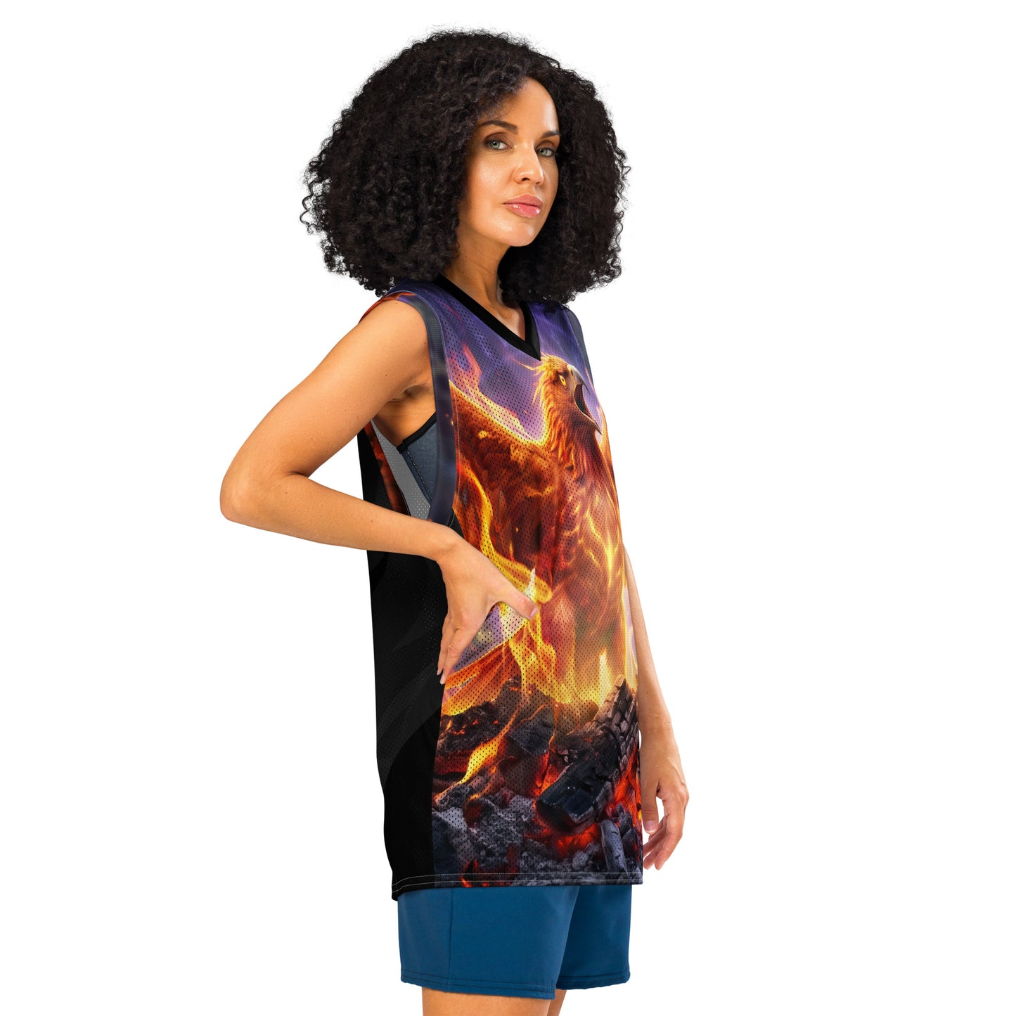 Basketball jersey side view, eagle-and-flames print with black side panels
