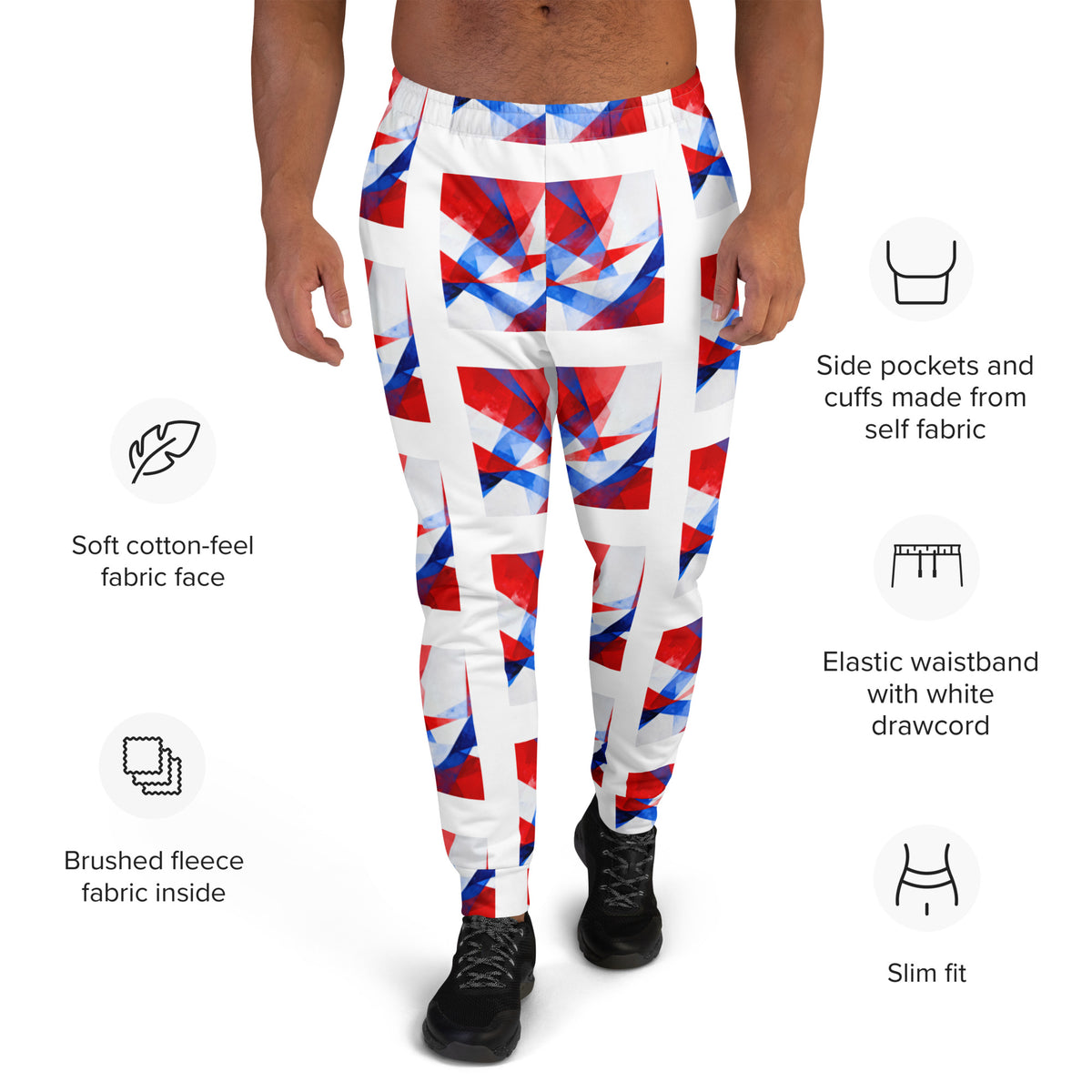 Men's slim jogging pants in white with red and blue geometric print, elastic waist