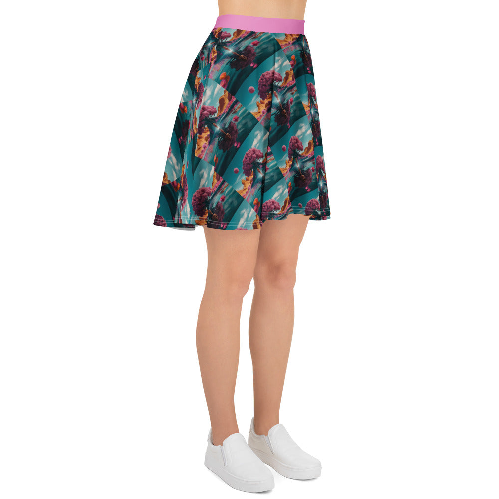 Teal skater skirt with purple waistband, allover floral print and twirl-ready flare