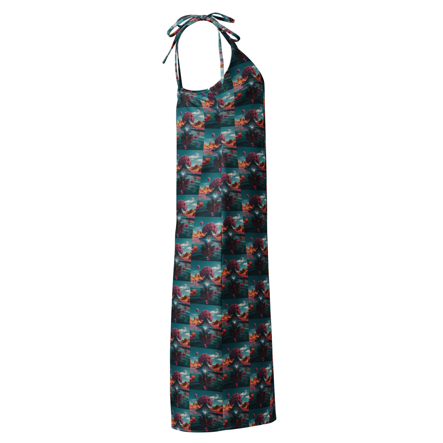 Angled tie-strap midi dress with teal check bird print and tied neckline straps