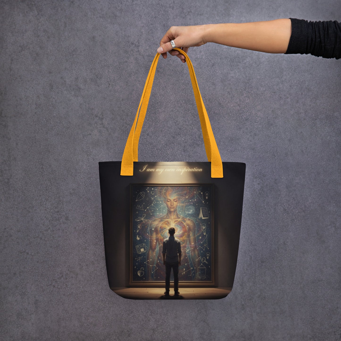 LifeCoachApproved Inspiration Generation tote bag, black with front graphic panel and yellow handles