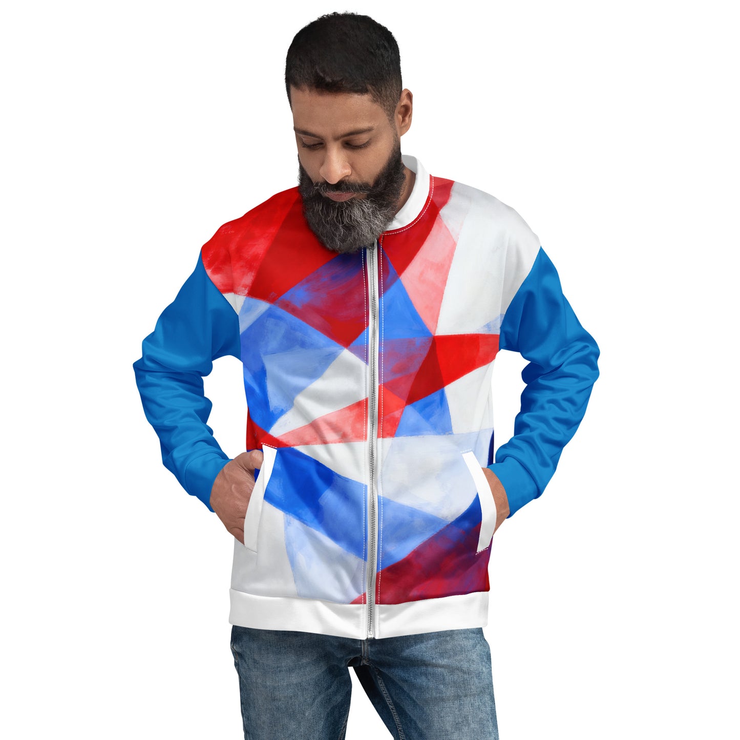 Unisex bomber jacket with red, white, and blue geometric panels, zip front