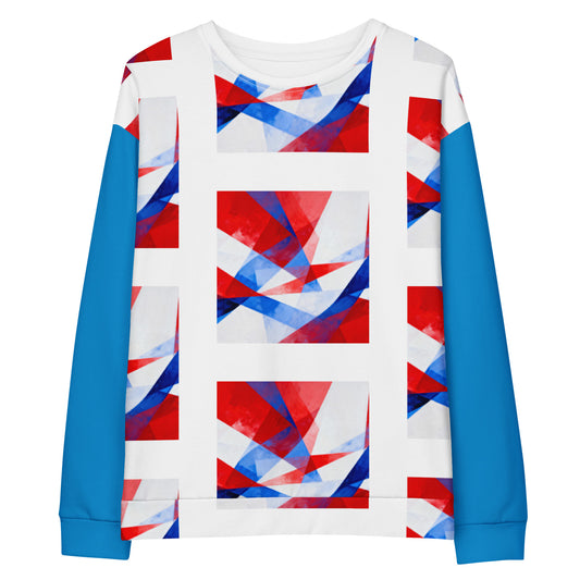 Unisex cotton sweatshirt front view: white body with blue sleeves and red, white, blue block graphic