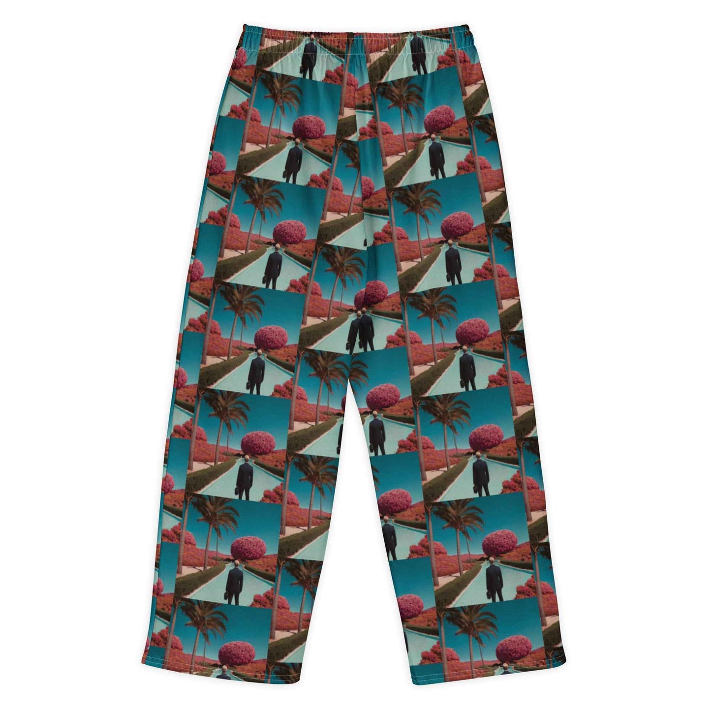All-cotton wide-leg unisex pants, teal elastic waist, tropical geometric print