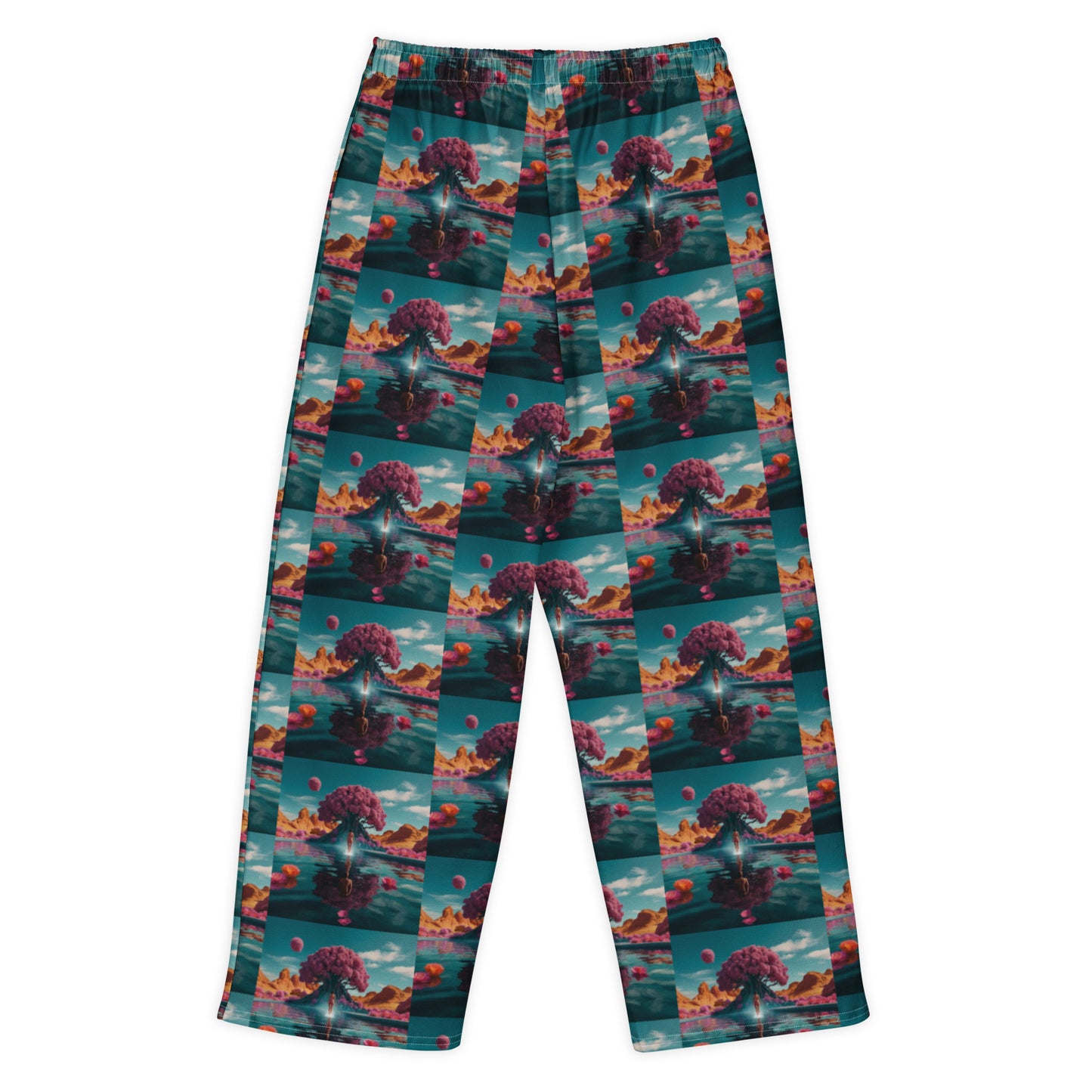 Wide-leg pants with teal elastic waistband and all-over colorful landscape pattern