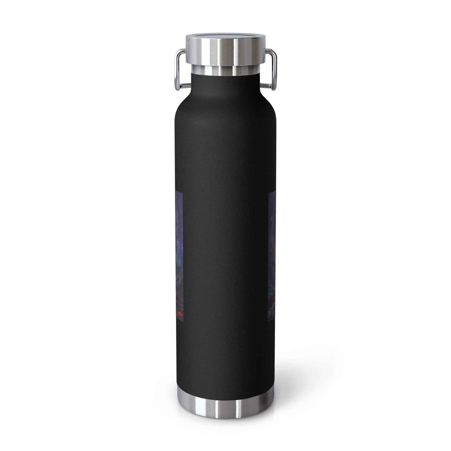Black vacuum insulated bottle with silver lid and loop carrying handle