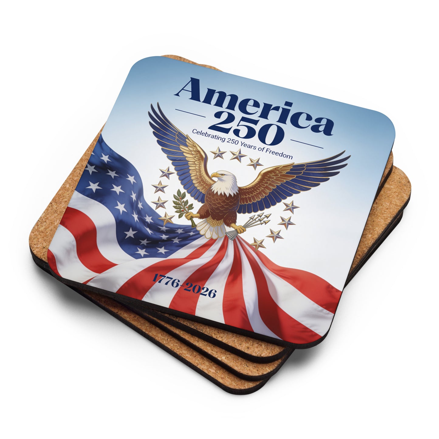 Square cork-back coaster with America 250 patriotic graphic and eagle over stars and stripes