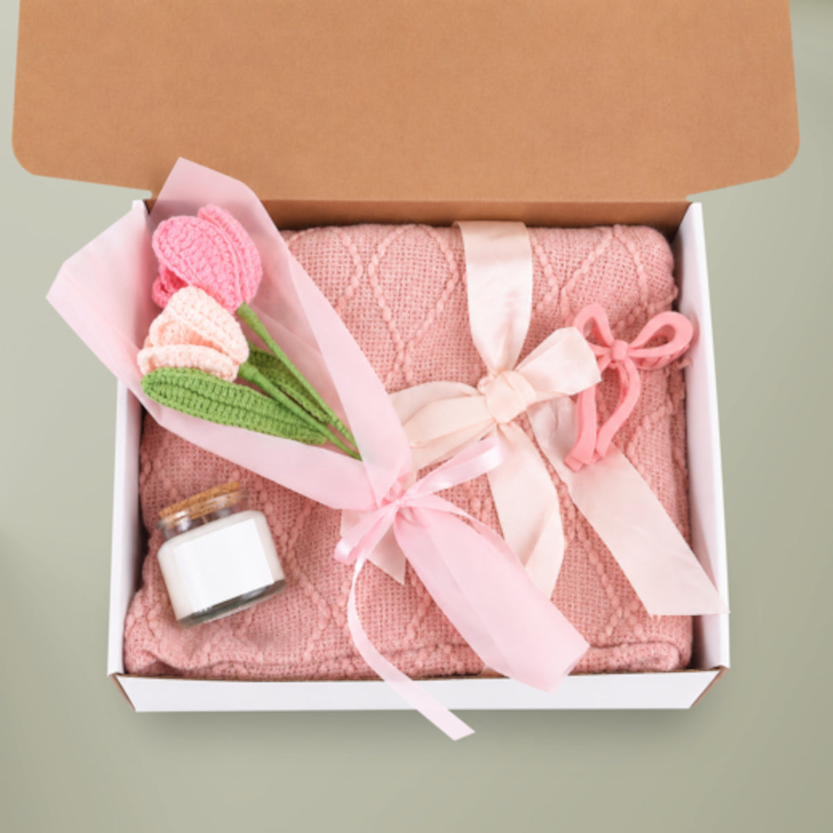 Life Coach Approved Find Your Bliss Gift Set — Candle & Cozy Blanket with Crochet Bouquet + Bow Clip