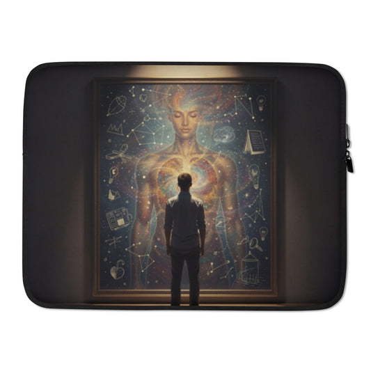 Black laptop sleeve with cosmic graphic front panel and zippered edge detail