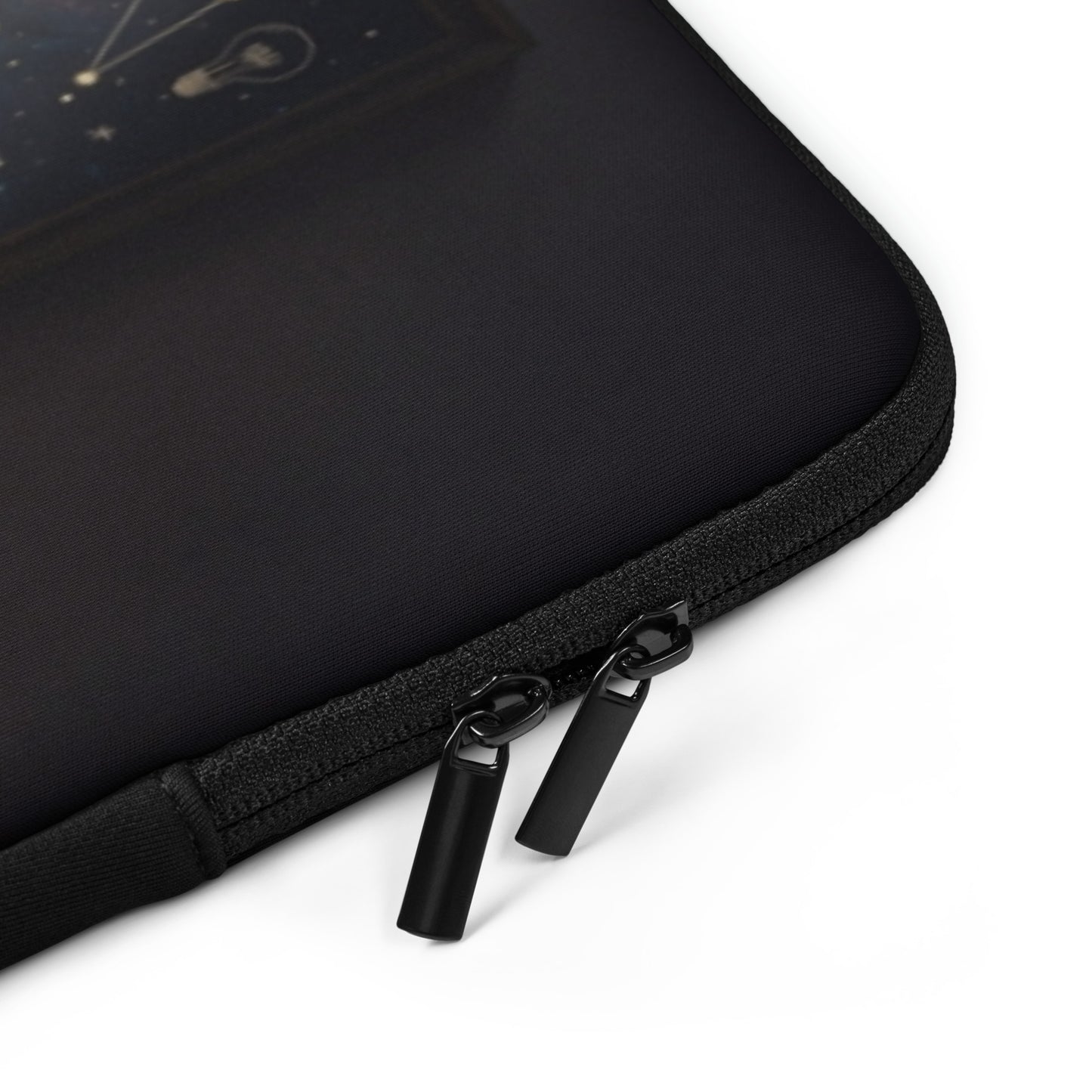 Black textured laptop sleeve with zipper hardware and seam along bottom edge