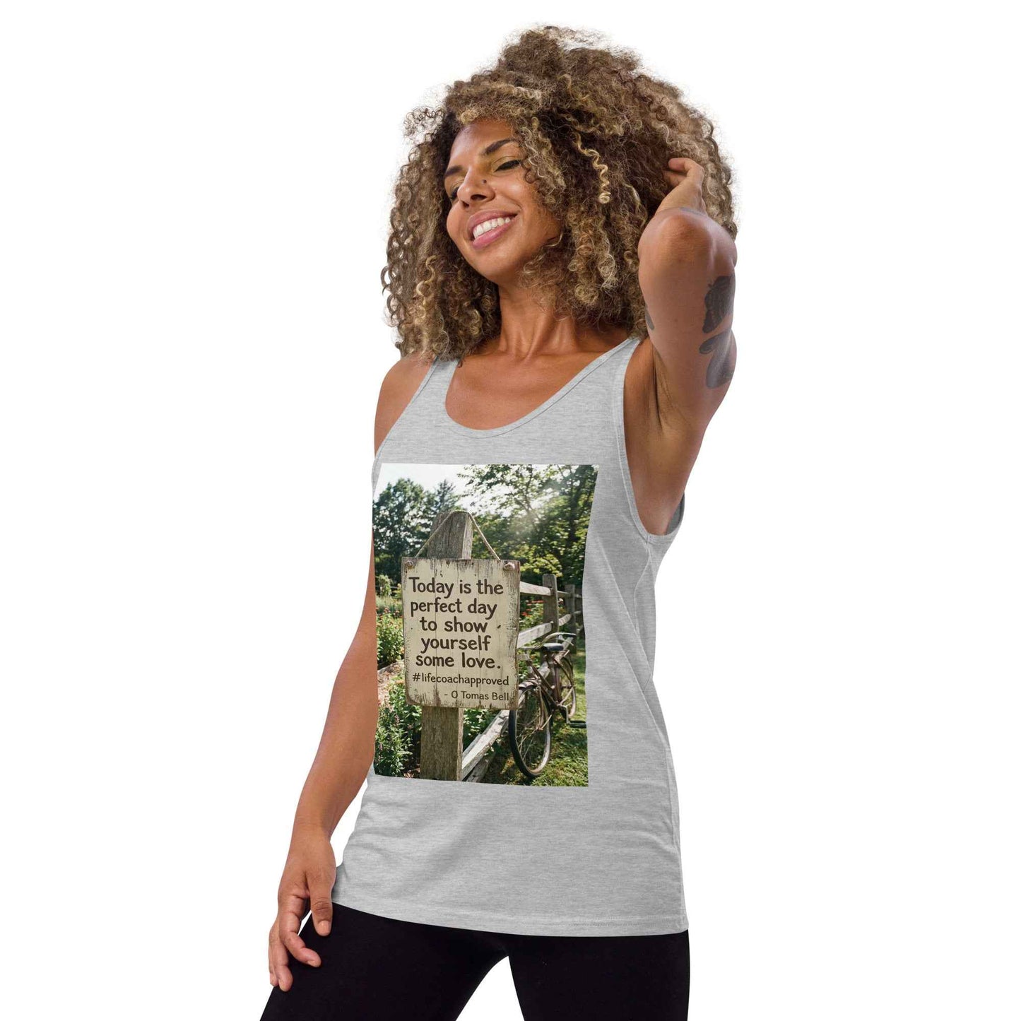 Light gray unisex tank top with front square graphic print, scoop neck, sleeveless.
