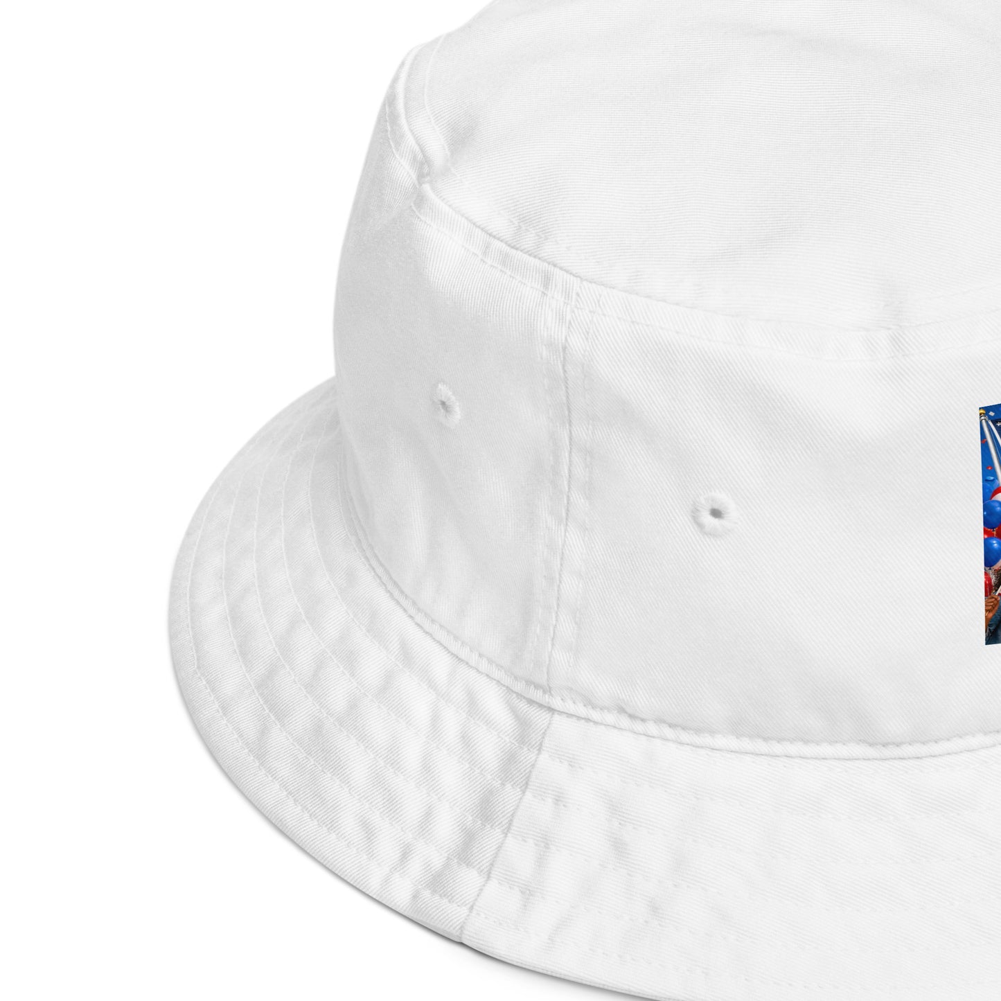 White organic bucket hat side view with stitched brim and small fabric blemish