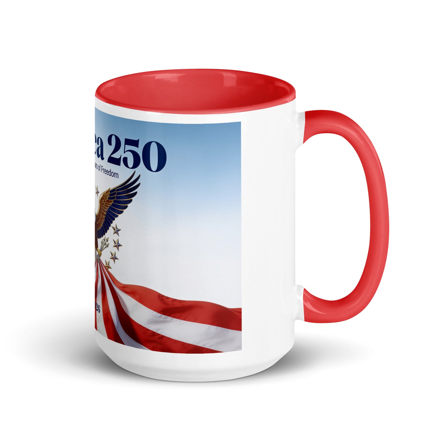 Red color-inside coffee mug with white body and partial '250' American flag design