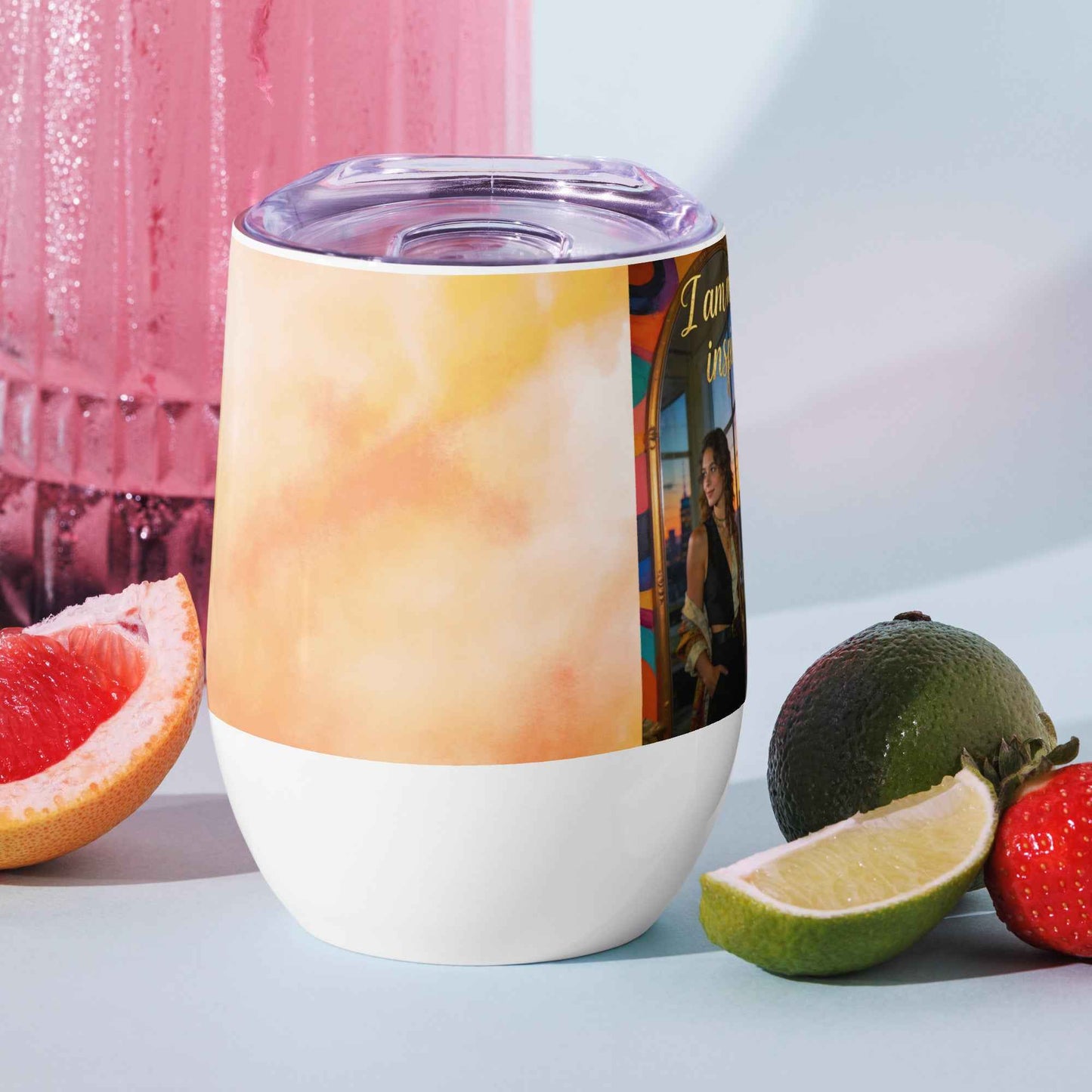 Printed wine tumbler with clear lid and white base, multicolor wrap design
