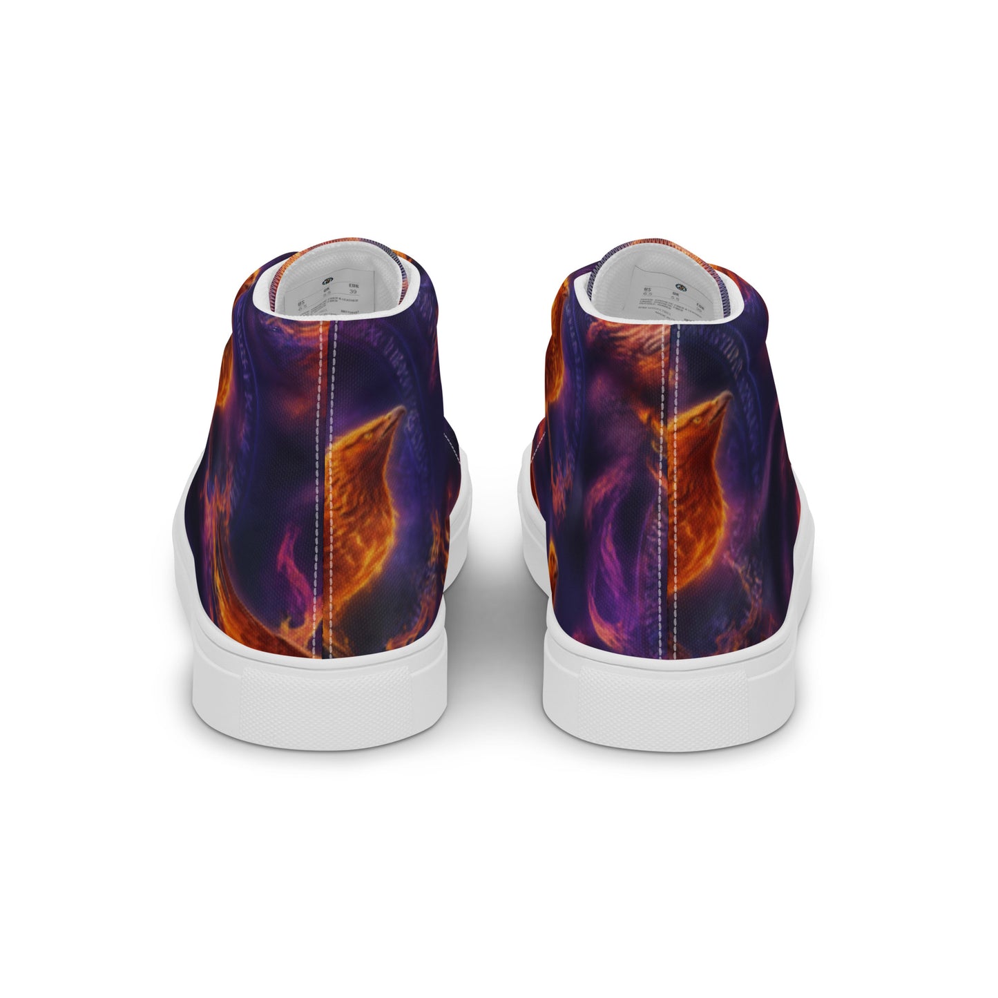 Pair of women’s high-top canvas shoes, purple-orange flame print, white laces and sole