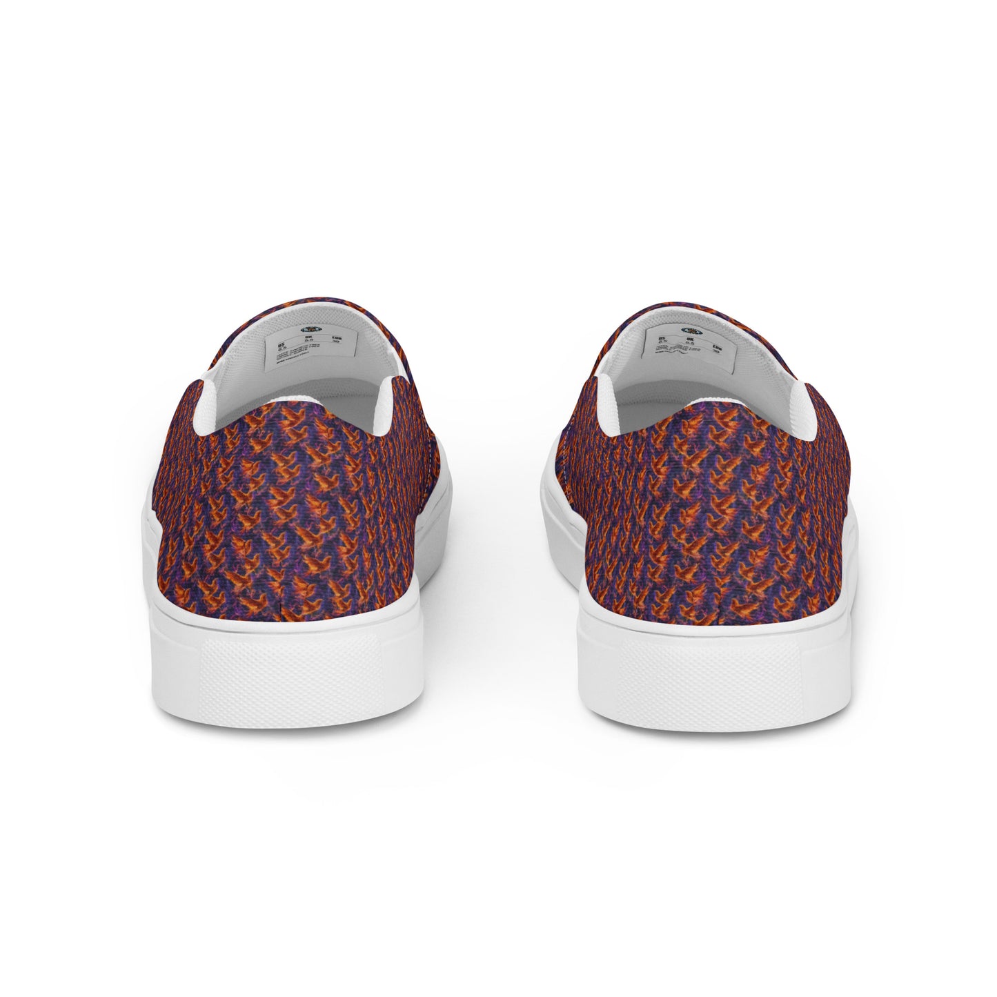 Women’s slip-on canvas shoes, orange-and-blue patterned back, white heel trim