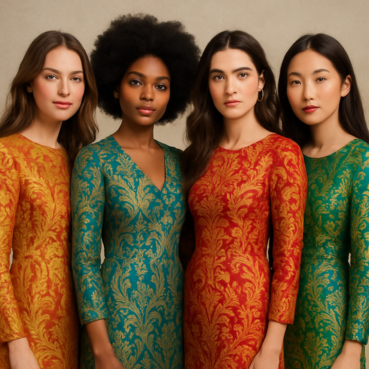 4 women wearing brocade prints in various colors