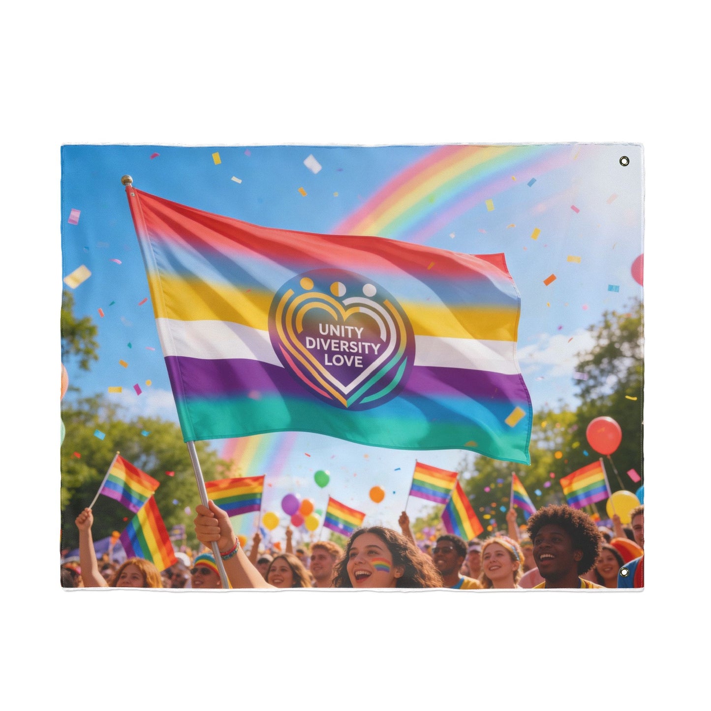 Unity Diversity Love Pride flag with rainbow stripes and heart Unity Diversity Love logo