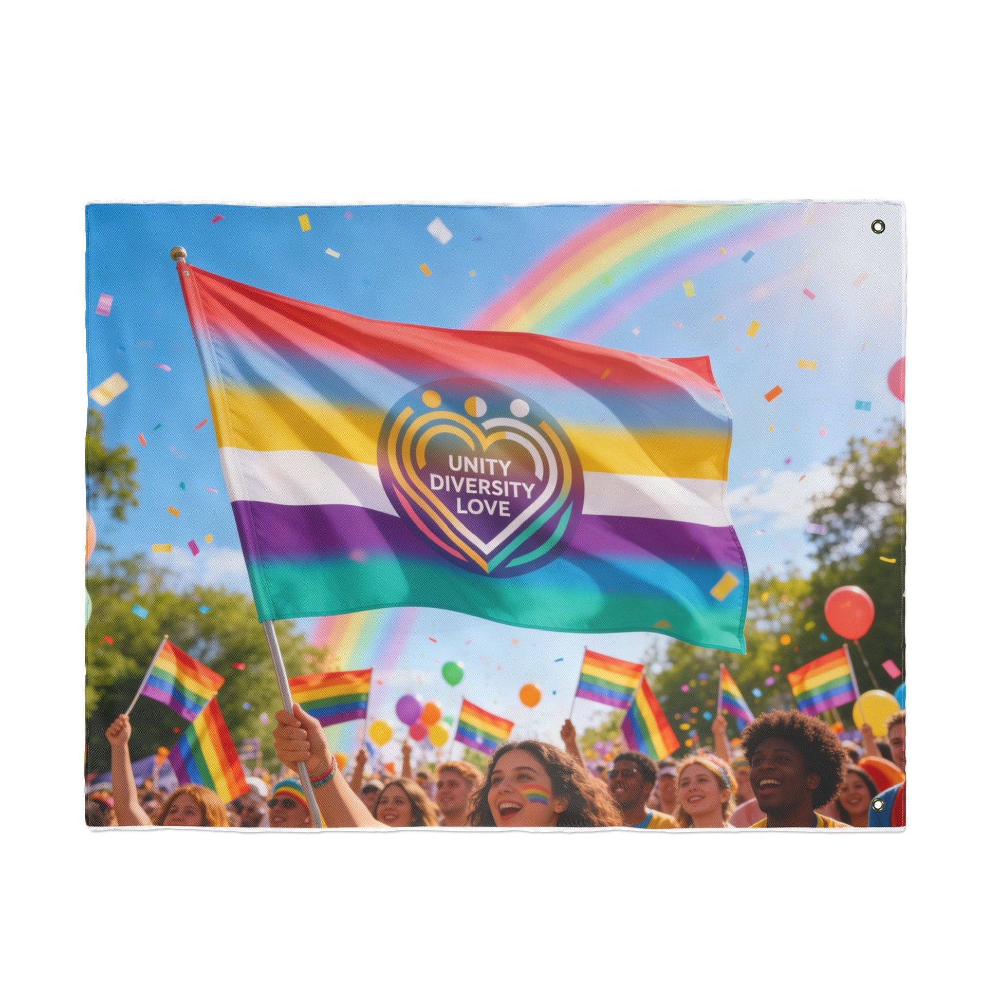 Unity Diversity Love Pride flag with rainbow stripes and heart Unity Diversity Love logo