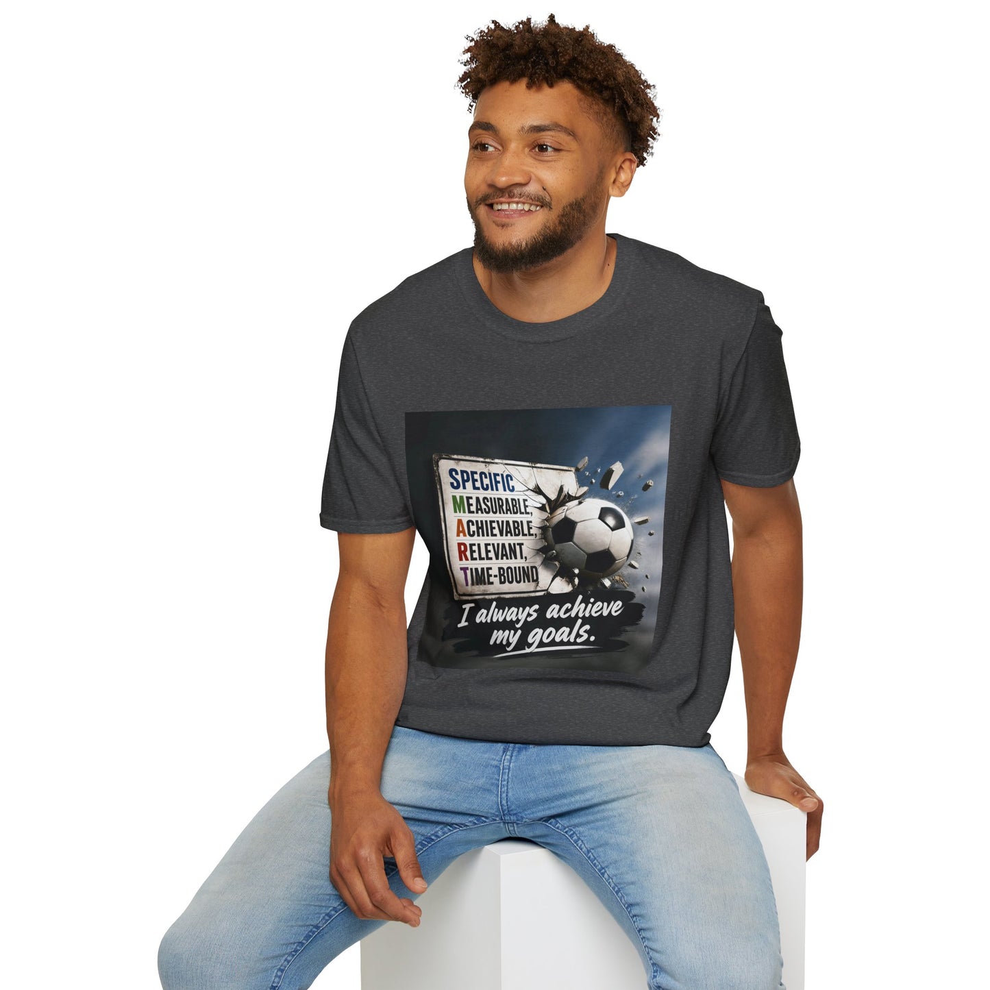Unisex T-shirt, dark gray, front graphic shows soccer ball and “I always achieve my goals.”