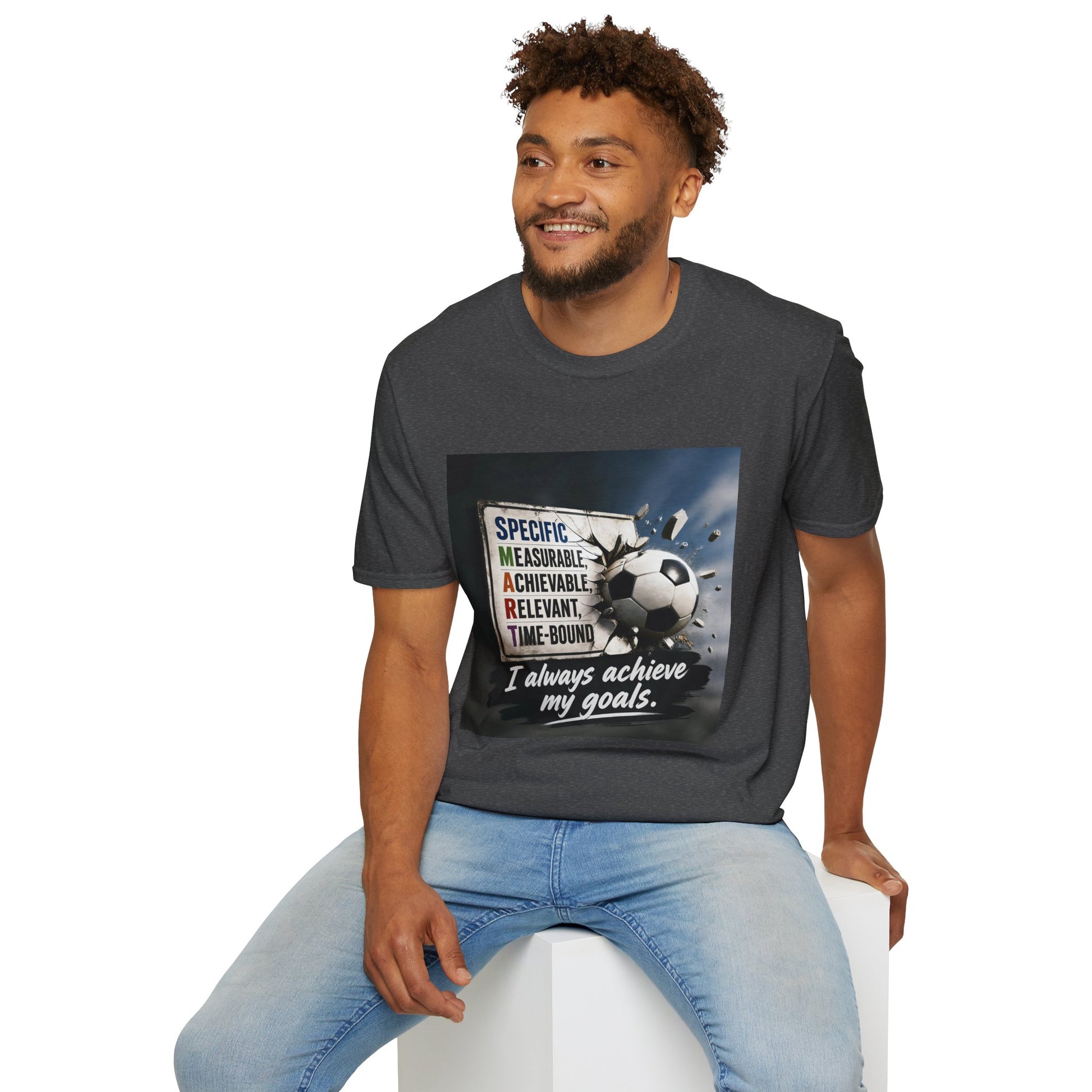 Unisex T-shirt, dark gray, front graphic shows soccer ball and “I always achieve my goals.”