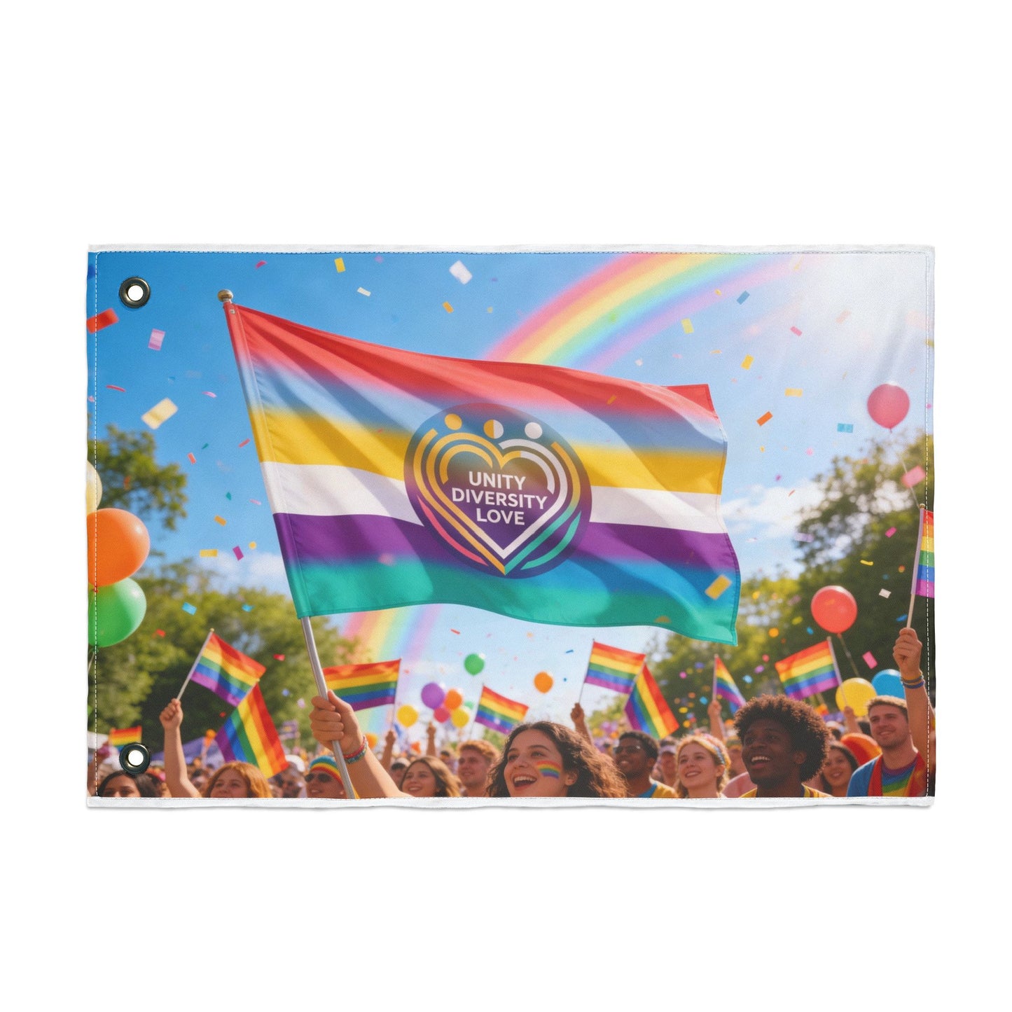 Pride flag with Unity Diversity Love heart emblem and rainbow stripes, with grommet holes