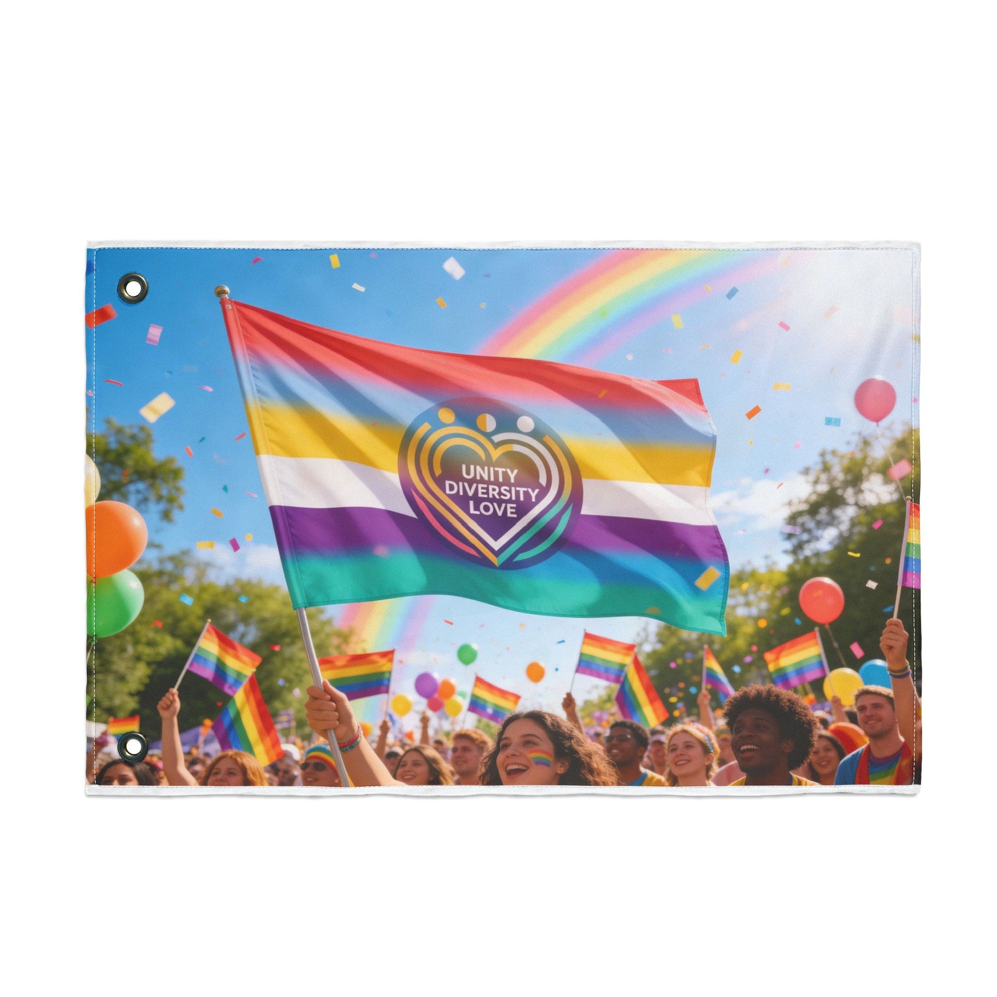 Pride flag with Unity Diversity Love heart emblem and rainbow stripes, with grommet holes