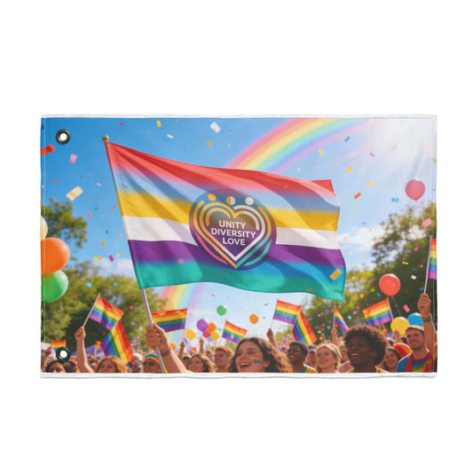 Pride flag with Unity Diversity Love heart emblem and rainbow stripes, with grommet holes