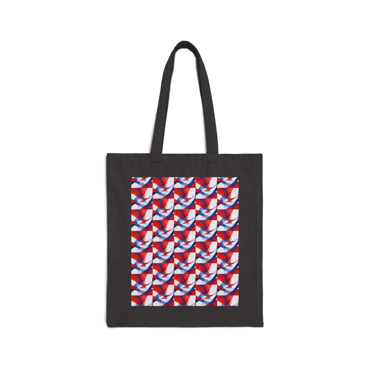 Black canvas tote bag with red, white, and blue abstract square front panel