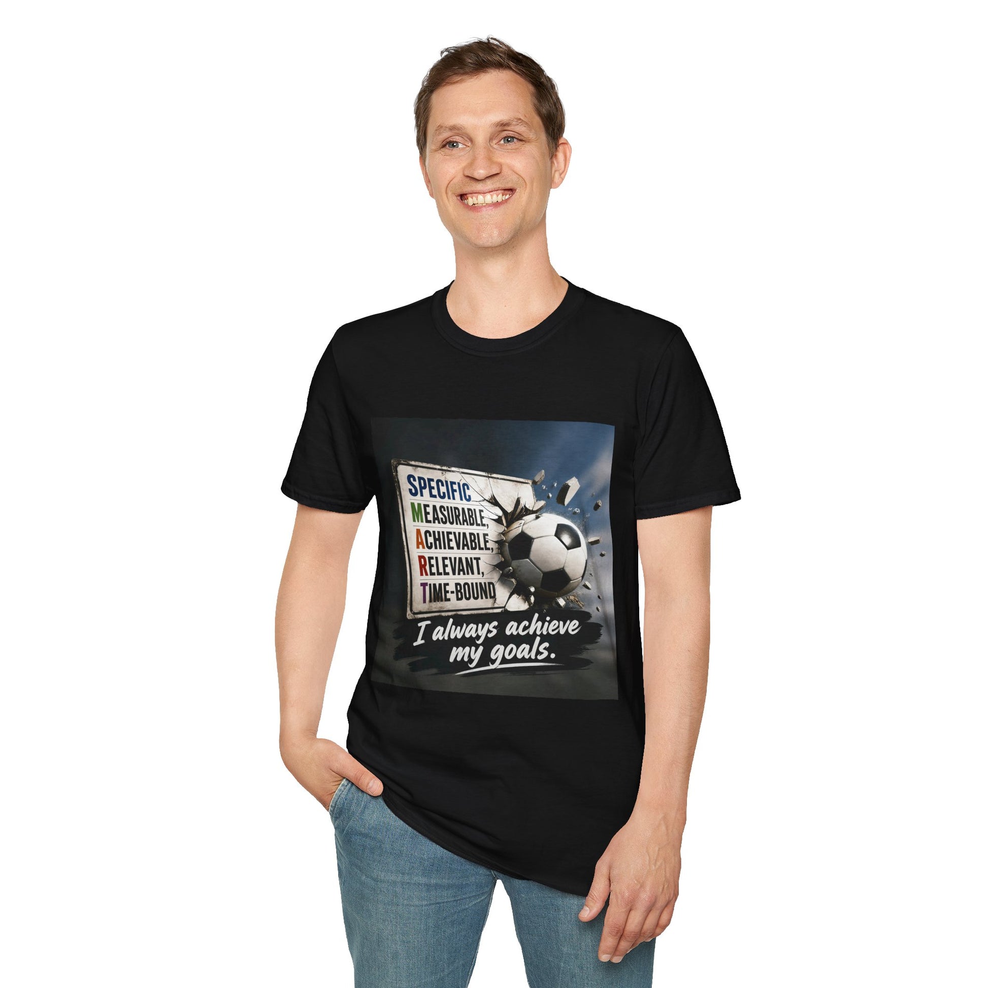 Unisex T-shirt, black, crew neck; front soccer graphic with motivational goal message.