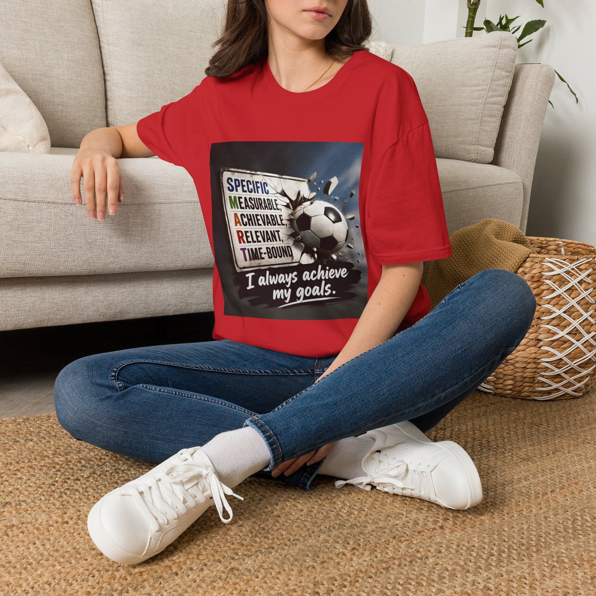 Unisex SMART goals T-shirt, red with soccer-ball motivational graphic