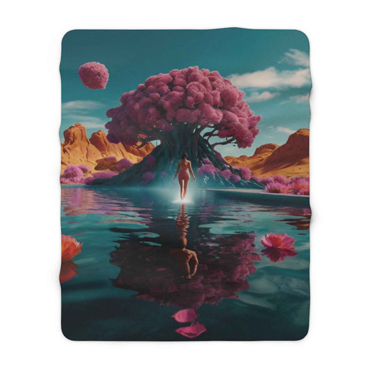 Teal fleece blanket with fantasy tree canopy, flowers, and mirrored reflections print