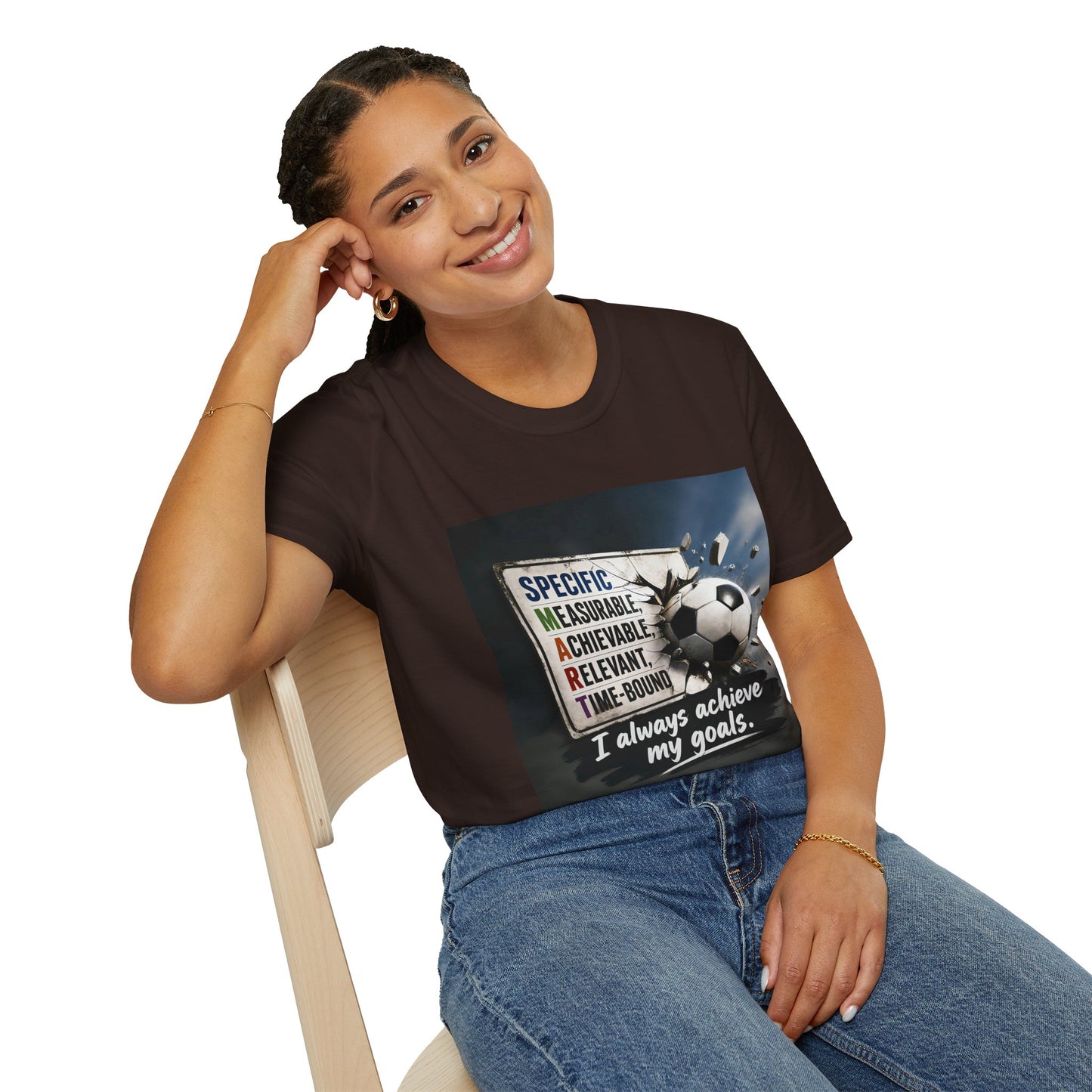 Unisex T-shirt in dark brown with soccer ball motivational graphic on chest