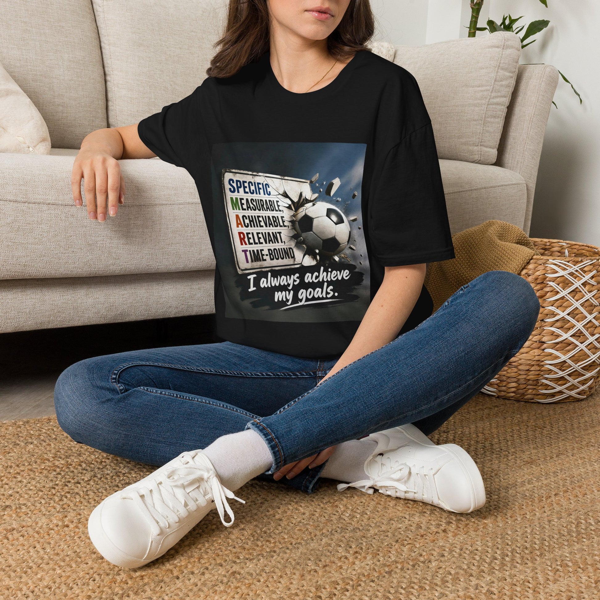 Unisex SMART goals T-shirt, black with soccer-ball motivational graphic