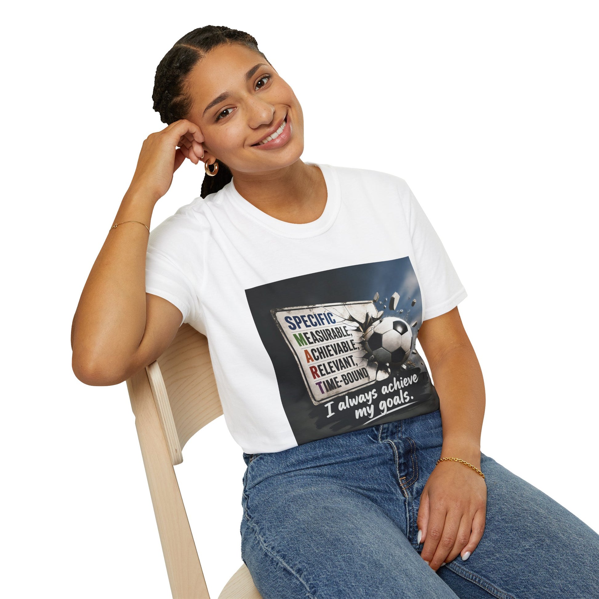 Unisex white graphic T-shirt with soccer ball slogan print