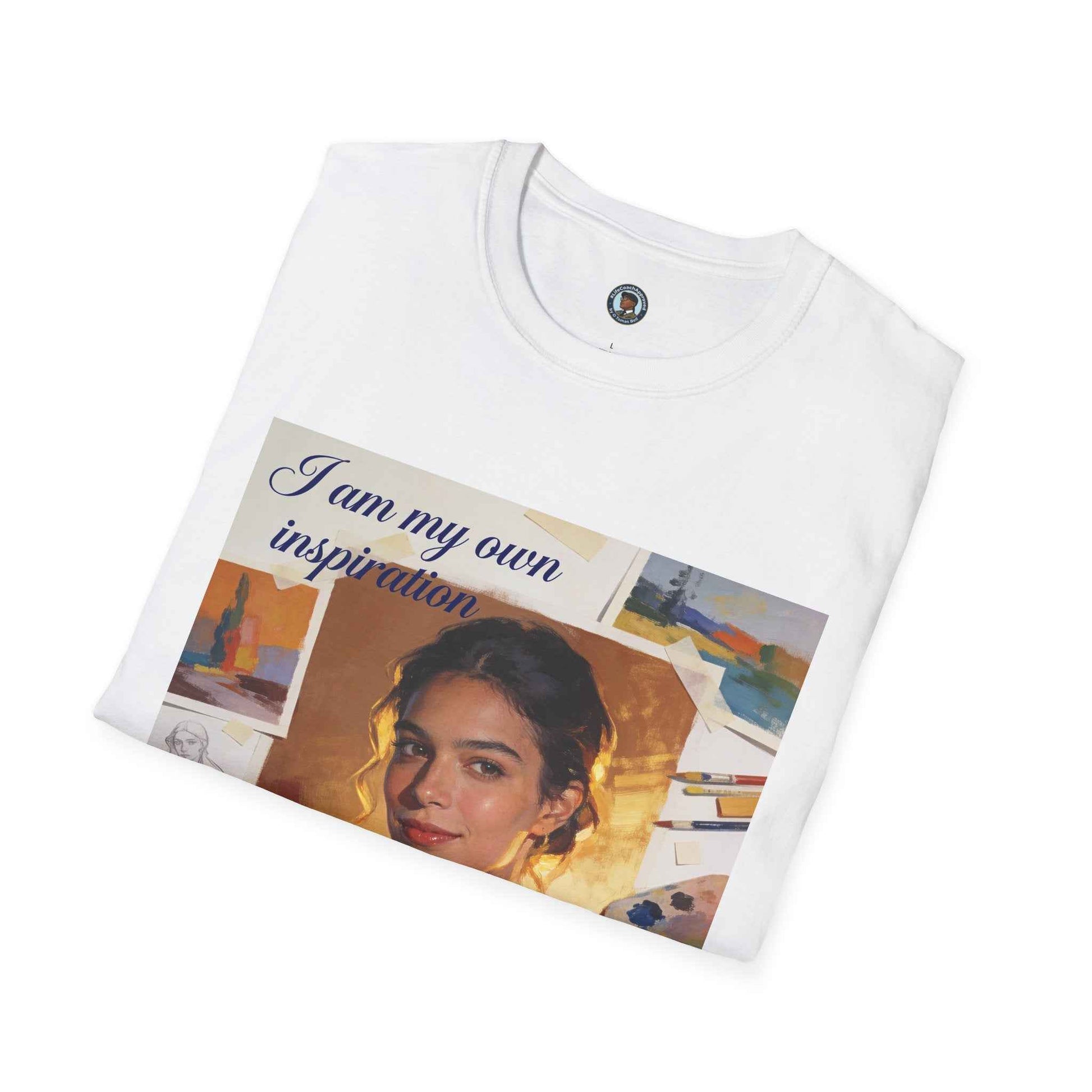 White unisex T-shirt with “I am my own inspiration” portrait graphic, laid flat