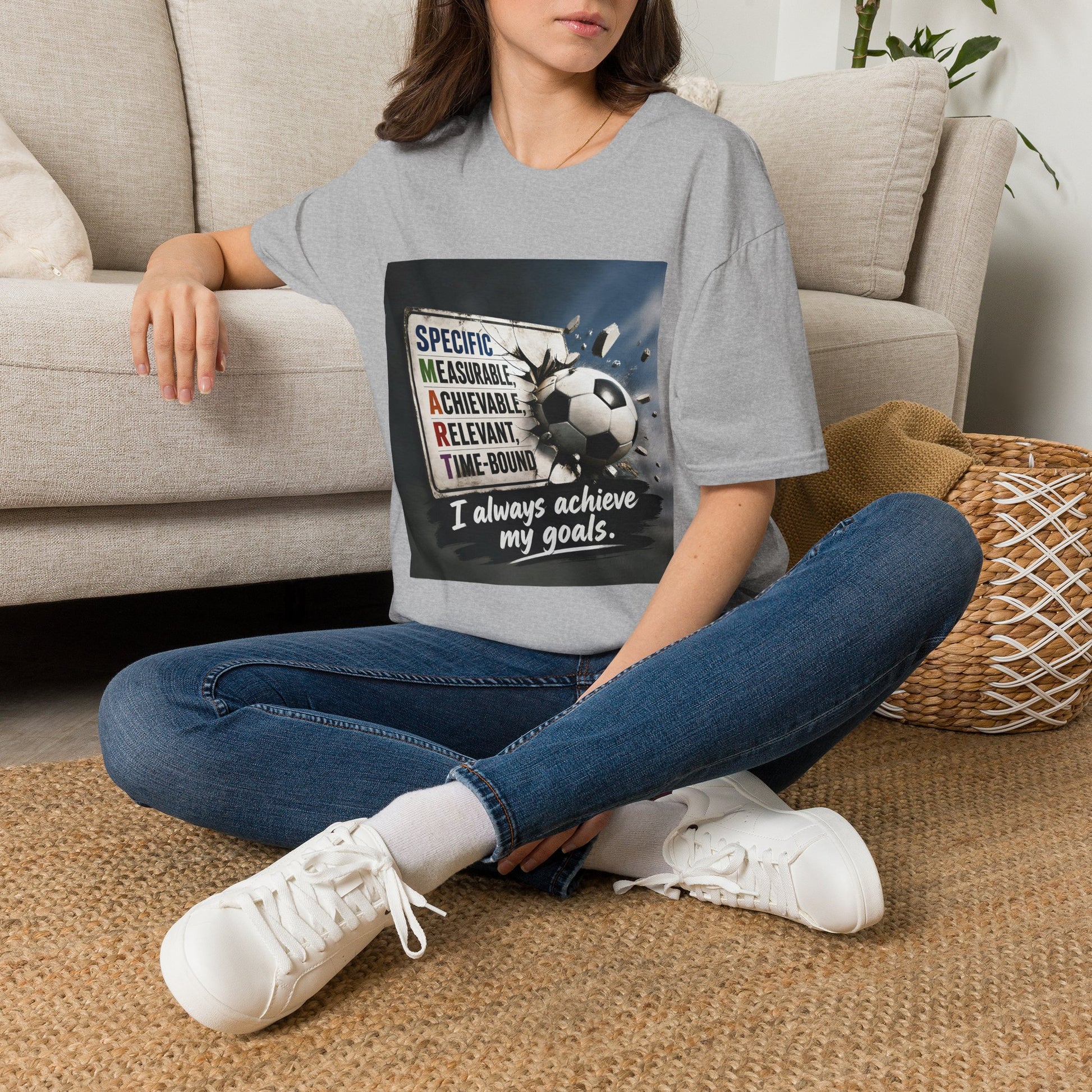 Unisex SMART goals T-shirt, sport gray with soccer-ball motivational graphic