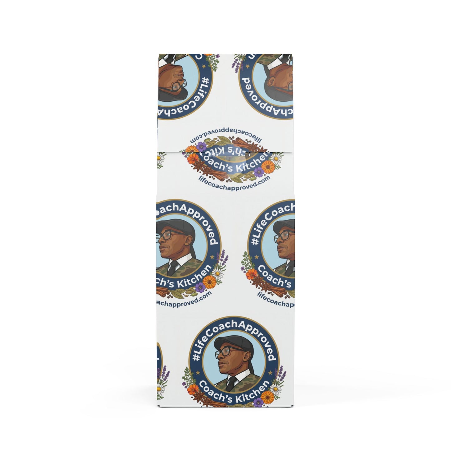Coffee blend bag with Coach's Kitchen branding, #LifeCoachApproved logo, and floral icons