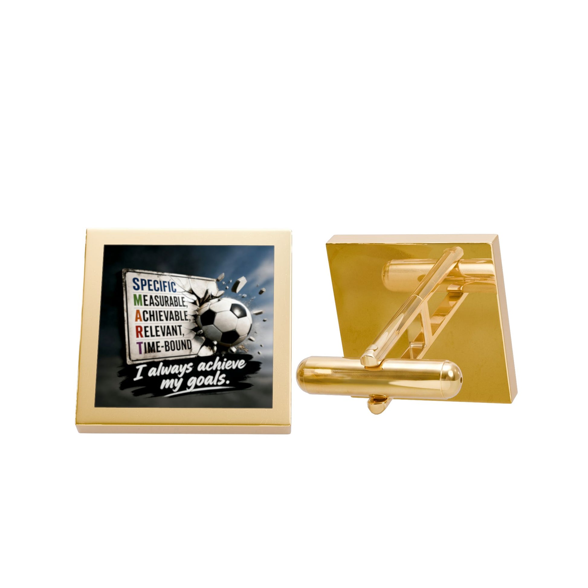 Gold-plated goal-themed cufflinks with black insert, soccer graphic and quote text