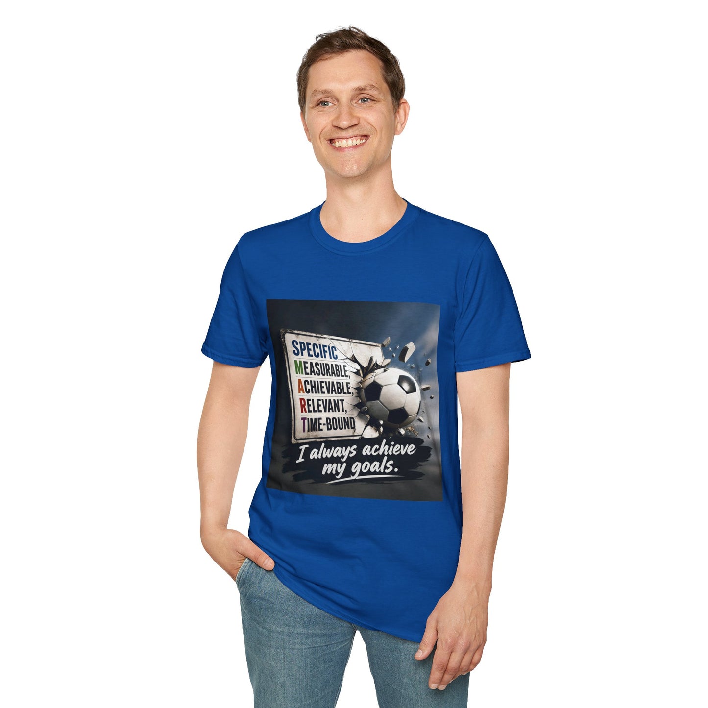 Unisex T-shirt, blue, soccer ball graphic with “I always achieve my goals.” on chest.