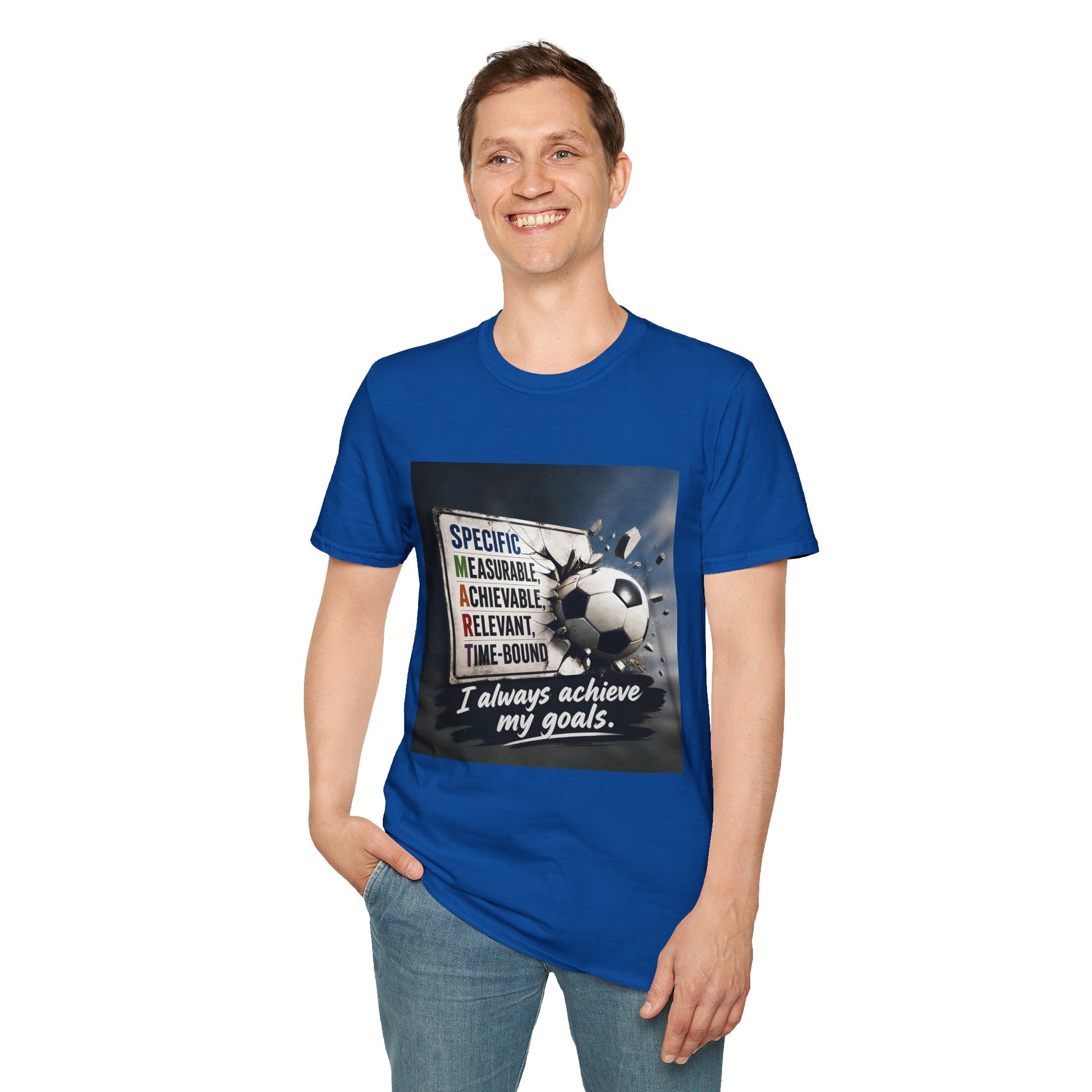 Unisex T-shirt, blue, soccer ball graphic with “I always achieve my goals.” on chest.