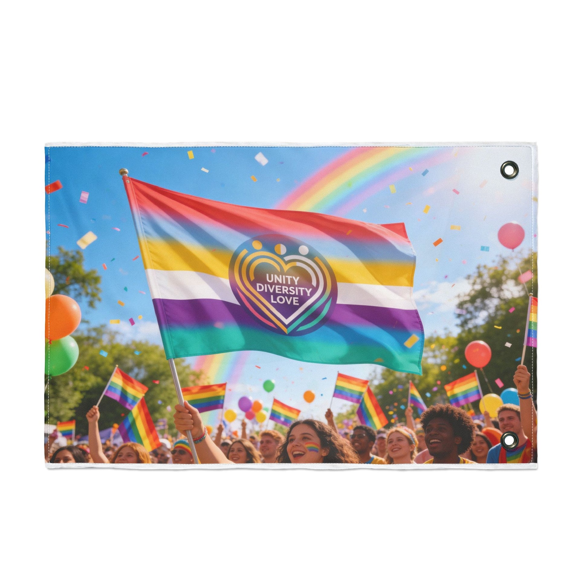 Pride flag with Unity Diversity Love heart emblem, rainbow stripes, and reinforced top grommets